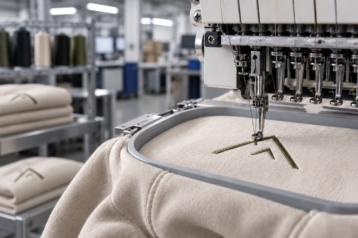 Embroidery machine stitching a logo onto a fleece